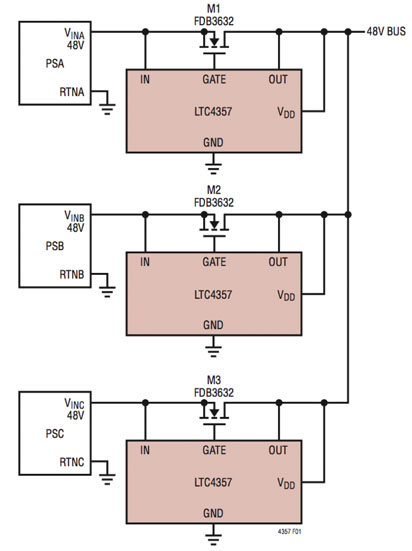 Typical load sharing configuration using the LTC4357 from Linear Technology Typical load sharing configuration using the LTC4357